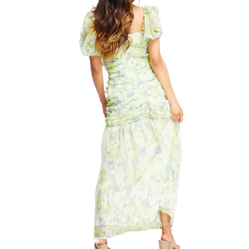 ASOS ruched puff sleeve maxi dress white base yellow blue floral print - Picture 2 of 15